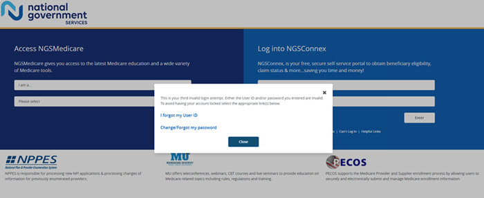 NGSConnex locked out screen message