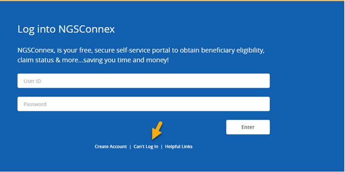NGSConnex logon screen highlighting the Can't Log In link.