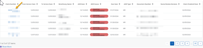 A screen shot of the ADR summary in NGSConnex with a yellow arrow pointing to the Claim Number hyperlink. 