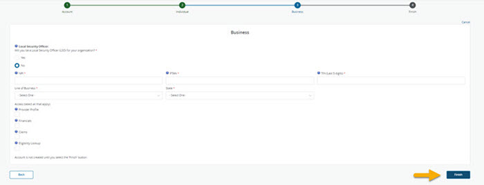 Step 3 Business screen in the NGSConnex registration process, with a yellow arrow pointing to the Next button.